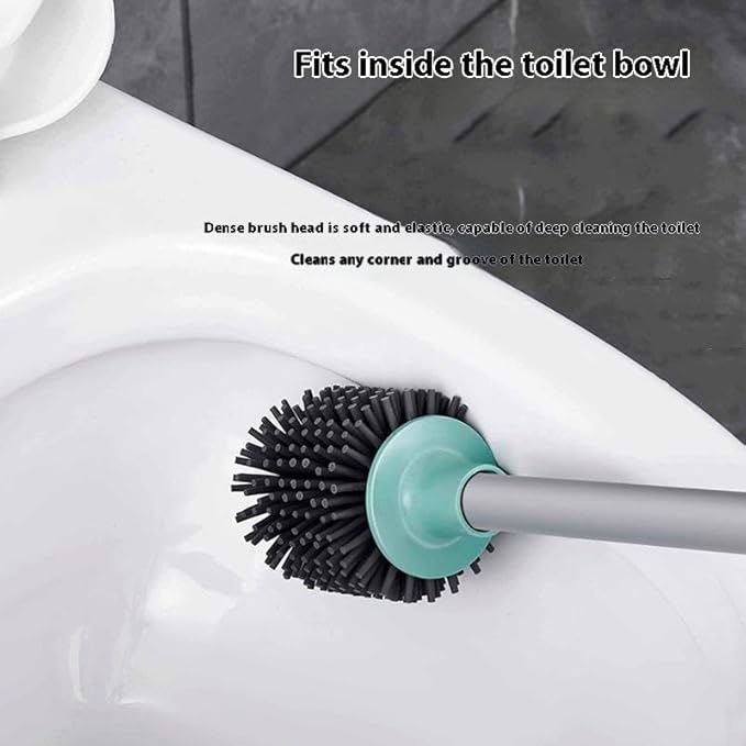 Toilet Brush, Silicone Toilet Bowl Brushes and Holder for Bathroom, Compact Flexible Toilet Cleaner Brush with Ventilated Drying Holder, Wall Mounted/Floor Standing Gray/Green–Long Non-Slip Handle