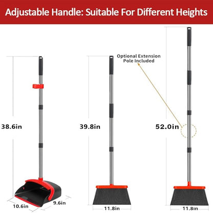 2-Pack is More economical,Brooms with Dustpan Combo Set， with 52" Long Handle, Dustpan Teeth with self-Cleaning Function, Indoor and Outdoor Sweeping, Perfect for Home Office (Large/Red /2-Pack)