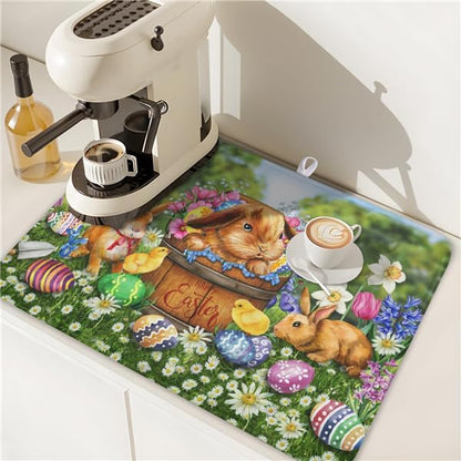 Easter Bunnies Eggs Dish Drying Mat for Kitchen Counter,Spring Colorful Flowers Drying Mat 18 x 24 Inch with High Absorbent Microfiber Drainer Mat for Coffee Bar