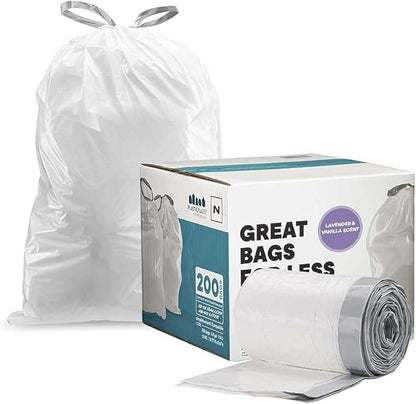 Plasticplace White Drawstring Lavender and Soft Vanilla Scented Garbage Can Liners, Compatible with Code N (200 Count) 12-13 Gallon, 45-50 Liter, 1.2 Mil, 22.5" x 31.5"
