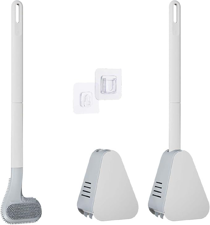 Toilet Brush, Long Handle Golf Toilet Brush with Holder 360° Deep Cleaning Flexible Silicone Toilet Cleaner Brush Wall Mounted for Bathroom (2Pcs White)