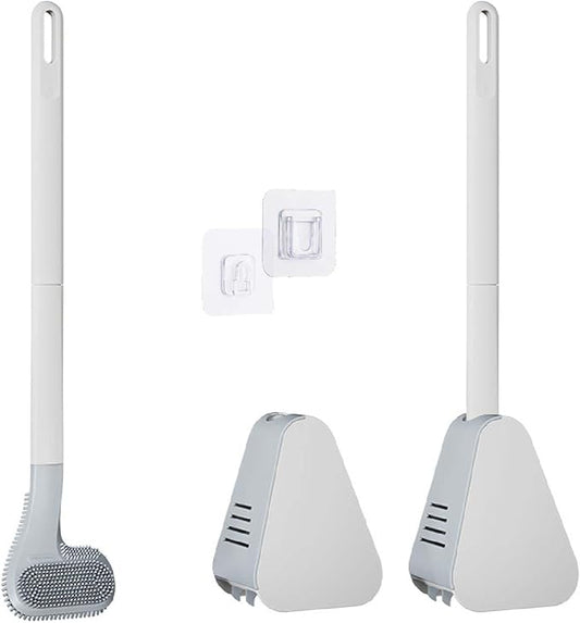 Toilet Brush, Long Handle Golf Toilet Brush with Holder 360° Deep Cleaning Flexible Silicone Toilet Cleaner Brush Wall Mounted for Bathroom (2Pcs White)