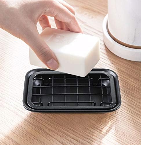 SheeChung Kitchen and Bathroom Soap Dish Tray - Metal Soap Dish Tray with Drainage Grid and Holder for Kitchen Sink Countertops to Store Soap, Sponges, Scrubbers - Rust Resistant (1 Pack, Black)
