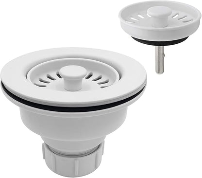 3-1/2 Inch Polymer White Sink Drain Assembly with Basket Strainer and Stopper for Quartz, Granite or Fireclay Kitchen Sinks, with 2 Removable Basket Strainers