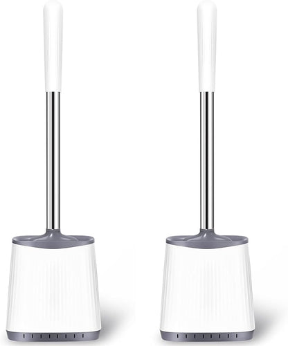 Toilet Brush, 2 Pack Silicone Toilet Brush and Holder, Flexible Toilet Bowl Brush Head with Ventilated Holder, Wall Mounted Compact Toilet Scrubber Set for Bathroom Cleaning (White)