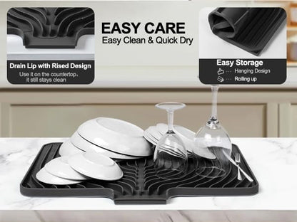 Dish Drying Mat for Kitchen Counter, with Built-in Drain Lip, Food-Grade Silicone, Easy Clean Pad for Countertop Protection, Multi-Functional Use (18x11.8, Black)