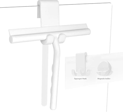 Shower Squeegee for Glass Doors, Full Silicone Jacketed Squeegee with Ergonomic Handle & No-Drill Hook, Cleaning Tool for Windows, Mirrors, Tiles, Bathroom & Car - White