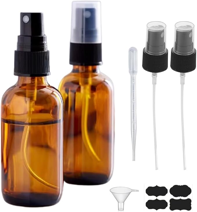 2oz Amber Glass Spray Bottles for Essential Oils, Hair, Skincare, Cleaning & Travel,2-Pack Small Empty Spray Bottle