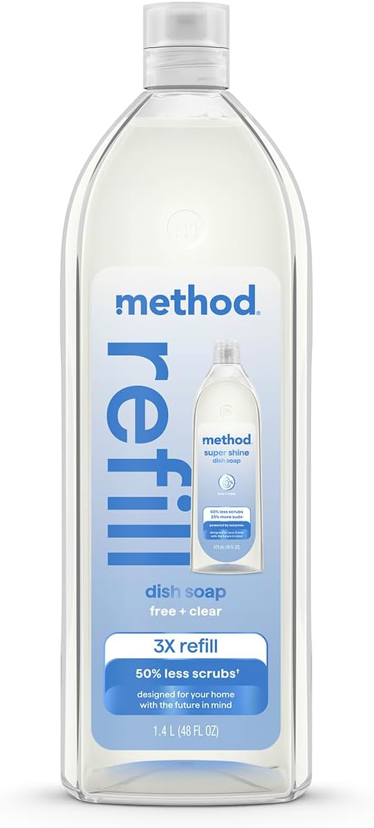Method Super Shine Liquid Dish Soap Refill, Powered by Enzymes, Free + Clear, Unscented, 48 fl oz