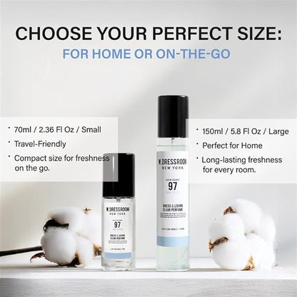 W.Dressroom No.97 April Cotton Living Clear Perfume, Body Mist & Fabric Spray Deodorizer, Alcohol-Free Water-Based, Odor Neutralizer for Clothes, Bedding & Room, Travel Size 2.36 oz