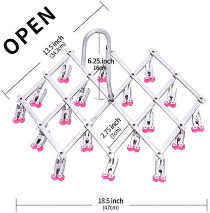 Drying Hanger, Hanging Drying Rack, Drip Hanger Stainless Steel with 18 Pegs for Laundry Underwear Socks, Quickly Remove Clothes from Hanger, Windproof, Folding Portable, (Red)