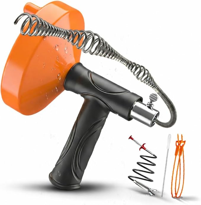 Drain Auger 33 Feet, Plumbing Snake Hair Clog Removal Tool, Heavy Duty Toilet Auger, Clog Remover Tool for Bathroom Kitchen Tub Shower Drain Clog Remover with Gloves, Orange