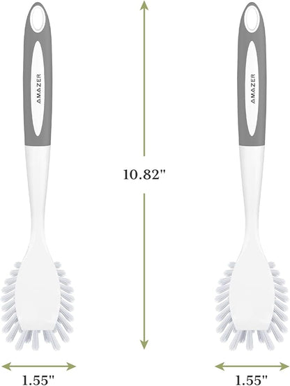 Amazer Dish Brush with Handle, 2 Pack Kitchen Scrub Brushes for Cleaning, Dish Scrubber with Stiff Bristles for Sink, Pots, Pans (Grey+Grey)