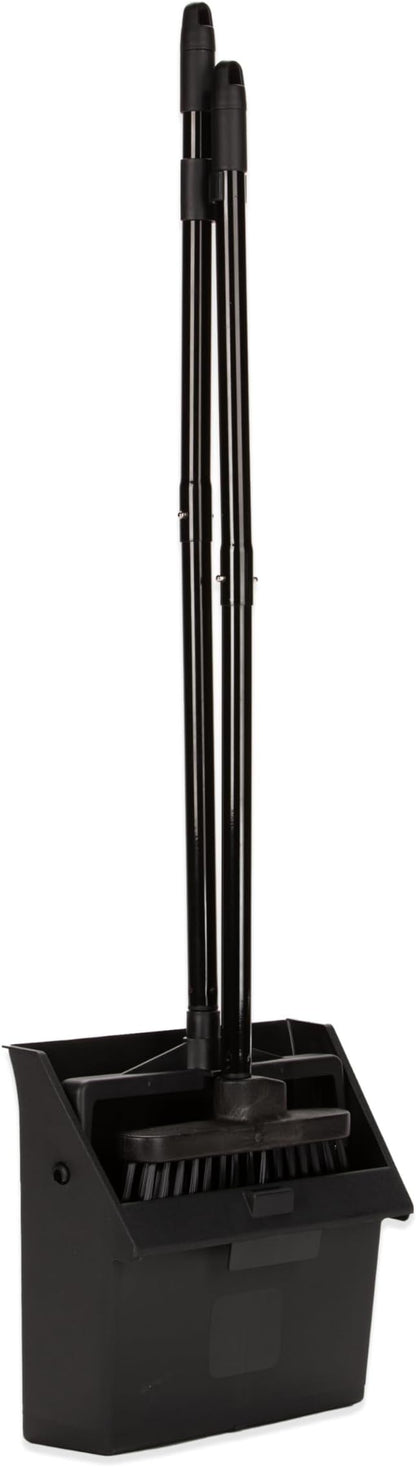 Carlisle FoodService Products Duo-Pan Lobby Broom and Dustpan Set – 36" Upright Broom with 2-Piece Handle and Pivoting Pan – Compact Commercial Floor Tool for Tight Spaces, Black