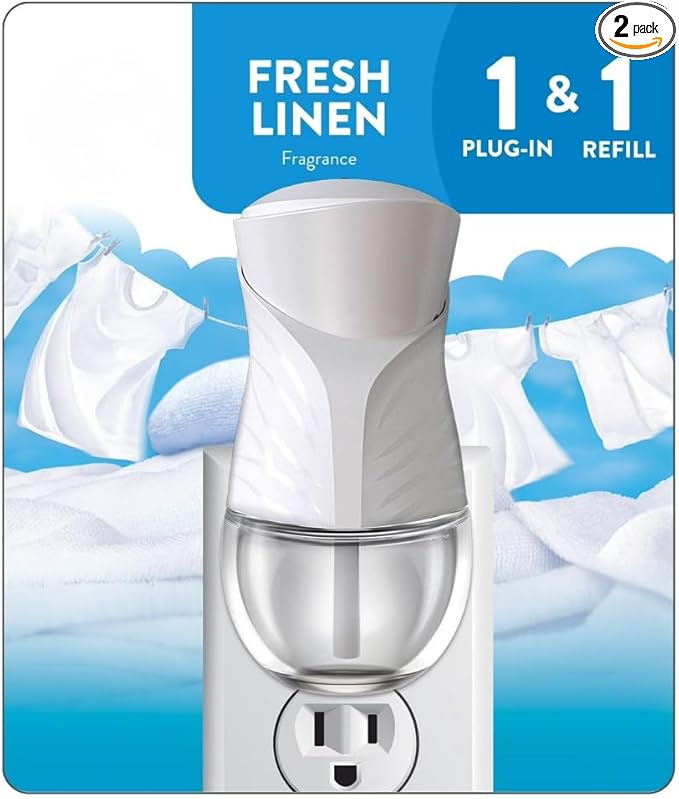 Plug-In Air Freshener Starter Kit with Electric Fragrance Oil Warmer and Linen Inspired Scent Refill, Indoor Plug-In Room Fragrance Device for Home Bathroom Bedroom