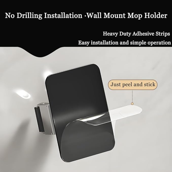 Consss 3 Pack Broom Holder Wall Mount & Mop Wall Mount Organizer, No Drilling Self-Adhesive Anti-Slip Grippers for Kitchen Laundry Garden,Black