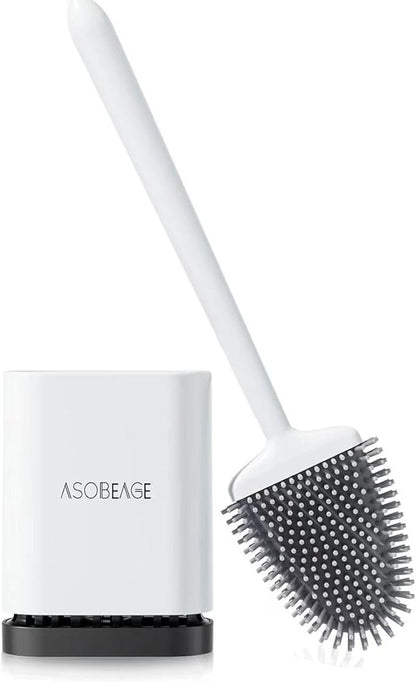 ASOBEAGE Deep Cleaner Toilet Brush: Silicone Toilet Brush with No-Slip Long Plastic Handle and Flexible Bristles, Quick Drying Holder Set for Toilet（White）