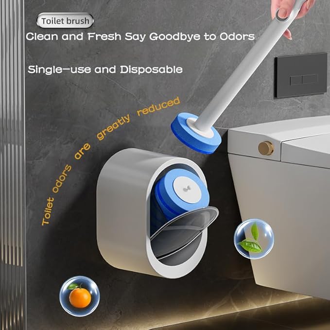 Disposable Toilet Brush with 40 Refill Heads and Holder– Includes Storage Caddy&Toilet Bowl Wand, Wall-Mount Scrubbing Toilet Brush Bathroom Cleaning Kit (1 Wand+40 Refills)