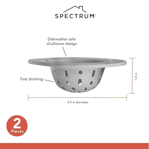 Spectrum Silicone Sink Strainer 2-Pack - Flexible Kitchen Sink Drain Strainer, Fits Standard Sinks, Drain Guard Catch Food Debris for Sink Protection, Easy Removal, Dishwasher Safe, Oyster Gray