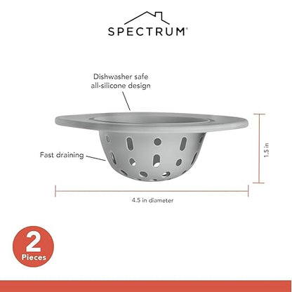 Spectrum Silicone Sink Strainer 2-Pack - Flexible Kitchen Sink Drain Strainer, Fits Standard Sinks, Drain Guard Catch Food Debris for Sink Protection, Easy Removal, Dishwasher Safe, Oyster Gray