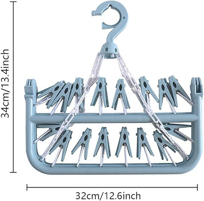 32 Clips Folding Laundry Hanger, Laundry Drying Rack Folding Sock Hanger, Hanging Drying Rack(Scandinavian Blue)
