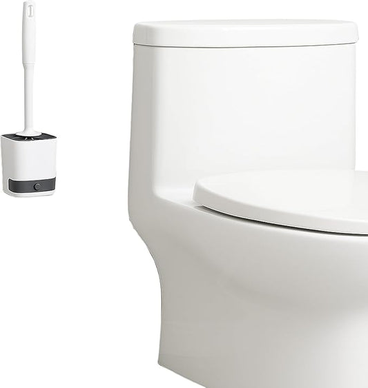 Silicone Toilet Brush with Holder – Wall-Mounted or Freestanding, No-Drill Adhesive Mount, Fast-Drying Ventilated Design with Drip Tray – Long Handle for Deep Cleaning, Compact for Small Bathrooms