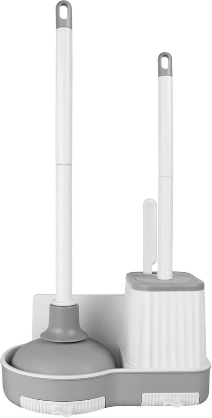 Silkyhose Toilet Brush and Plunger, 3 in 1 Toilet Bowl Brush and Holder with Crevice Cleaning Brush Wall Mounted Household Bathroom Cleaning Tools Combo Set(White-Gray)
