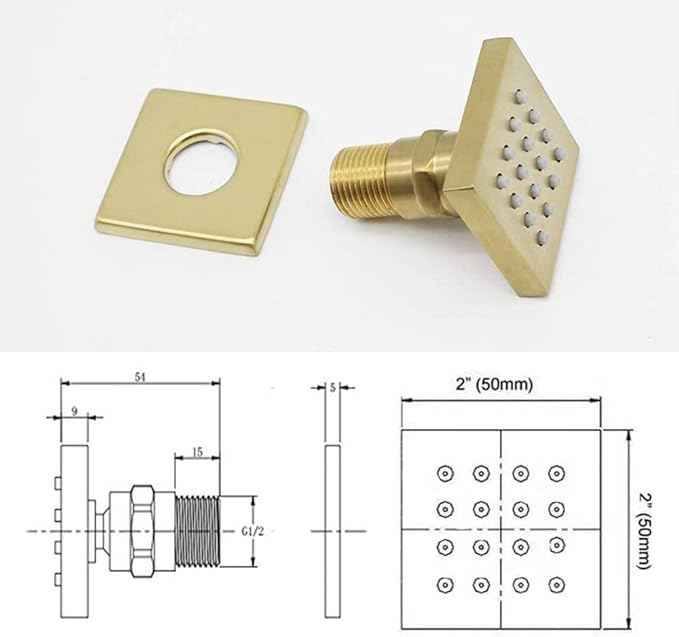 Brushed Gold 6 Pack HOMEDEC 2inch Round Brass Square Massage Shower Body Sprayer Jets