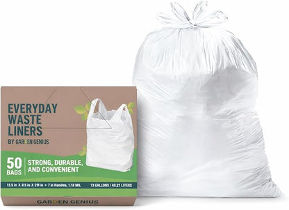Biodegradable 13 Gallon White Kitchen Trash Bags with Ergonomic Handles (50 Pack) - Extra Strong, Leak-Proof & Thick 1.18 Mil - 15% Thicker Than Most - Fits Standard 13 Gal Cans - Eco-Friendly D2W