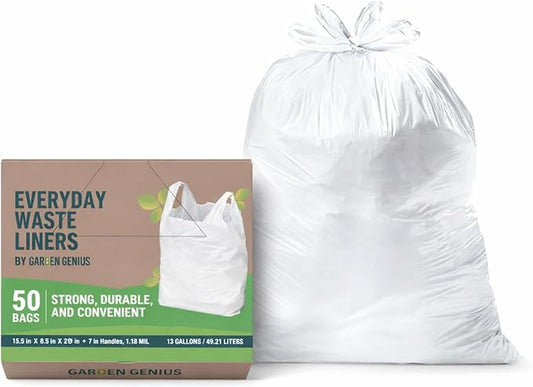 Biodegradable 13 Gallon White Kitchen Trash Bags with Ergonomic Handles (50 Pack) - Extra Strong, Leak-Proof & Thick 1.18 Mil - 15% Thicker Than Most - Fits Standard 13 Gal Cans - Eco-Friendly D2W