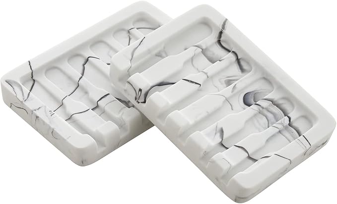INIUNIK 2PCS Self Draining Soap Dish - Marble Look Soap Holder Tray Savers Box Container Sponge Holder for Bathroom Shower Kitchen, White