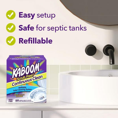 Kaboom Scrub Free! Continuous Clean Refillable Toilet Cleaning System, 1 Device with 1 Pouch