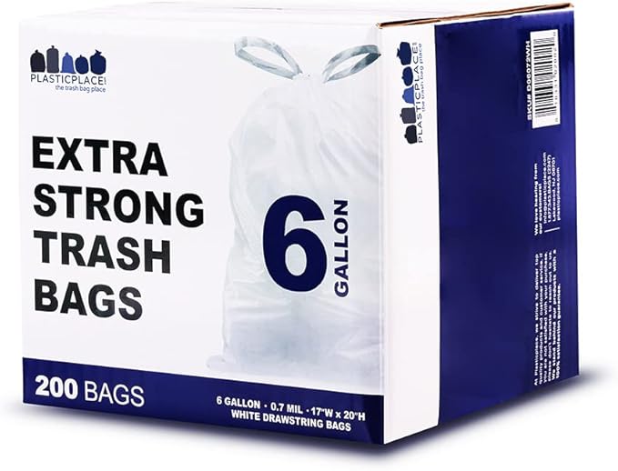 Plasticplace 6 Gallon Trash Bags White Drawstring Garbage Can Liners,17” x 20”,for Bathroom Kitchen Office Car Small Trash Bags,Leak-Proof & Tear-Resistant,100 Count (Pack of 6)