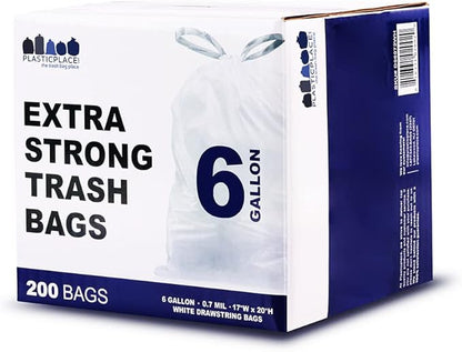 Plasticplace 6 Gallon Trash Bags White Drawstring Garbage Can Liners,17” x 20”,for Bathroom Kitchen Office Car Small Trash Bags,Leak-Proof & Tear-Resistant,100 Count (Pack of 6)