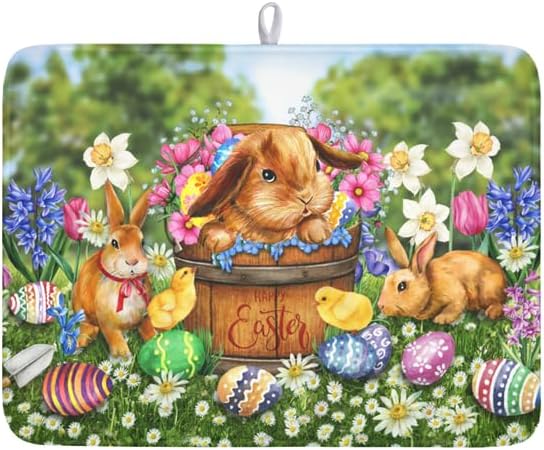 Easter Bunnies Eggs Dish Drying Mat for Kitchen Counter,Spring Colorful Flowers Drying Mat 18 x 24 Inch with High Absorbent Microfiber Drainer Mat for Coffee Bar