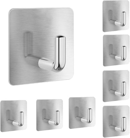 Adhesive Towel Hooks, 8 Pack Self Adhesive Coat Sticky Hooks for Hanging, Stainless Steel Stick on Wall Hat Hook, Bathrooms Kitchen Livingroom Garage, Silver