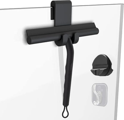 Squeegee for Shower Glass Doors, Resilient Loop - No-Drill & Adhesive Hook, Silicone Shower Squeegee with Stainless Steel Core, Cleaning Tool for Home, Kitchen, Bathroom & Car - Black