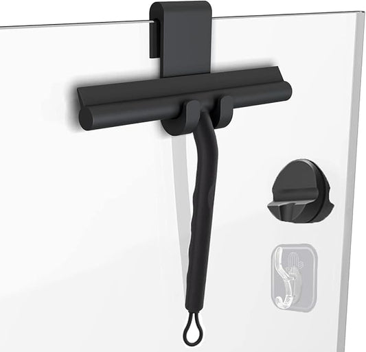 Squeegee for Shower Glass Doors, Resilient Loop - No-Drill & Adhesive Hook, Silicone Shower Squeegee with Stainless Steel Core, Cleaning Tool for Home, Kitchen, Bathroom & Car - Black
