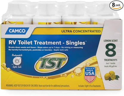 Camco TST MAX RV Toilet Treatment - Formaldehyde Free - Breaks Down Waste And Tissue - Septic Tank Safe - Treats up to 8-40 Gallon Holding Tanks -Lemon Scent, (8) 4 oz Bottles (41571)
