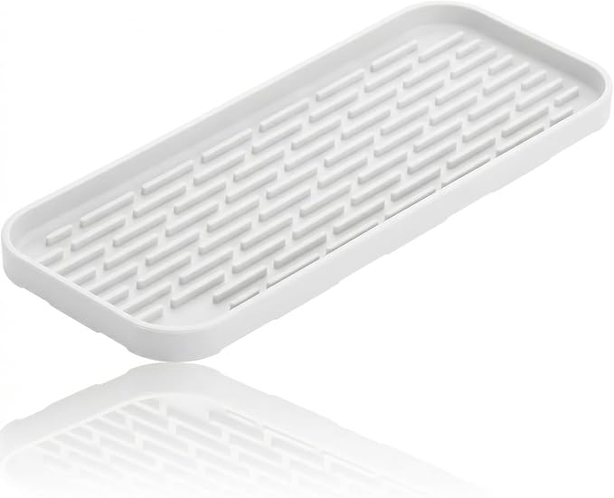 Silicone Organizer Tray, Soap and Sponge Holder for Kitchen Sink, Bathroom - Storage Tray for Dish Brush, Soap Dispenser, Dishwashing Accessories-(White 1 Pack, 12"x4.7")