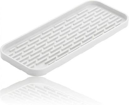 Silicone Organizer Tray, Soap and Sponge Holder for Kitchen Sink, Bathroom - Storage Tray for Dish Brush, Soap Dispenser, Dishwashing Accessories-(White 1 Pack, 12"x4.7")