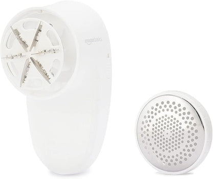 Amazon Basics Battery Operated Fabric Shaver for Clothes, Remove Pilling, Lint and Fuzz Removal, 6-Leaf Blades with Safety Lock, Portable, Includes 2 Spare Blades, White