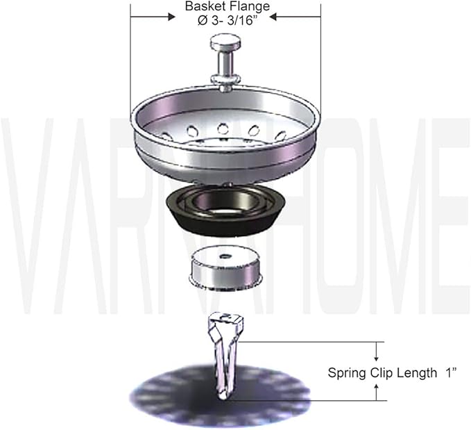 Kitchen Sink Basket Strainer Replacement for US Standard Drains (3-1/2 Inch), Premium 304 Stainless Steel Body W/with Brass Post (Spring Clip) 1 Pack