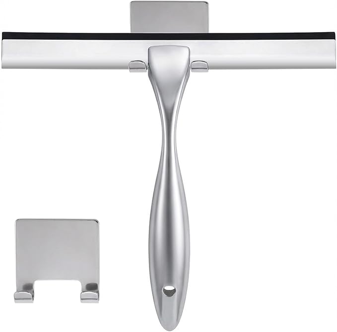NETANY Shower Squeegee, 12-Inch Silver Squeegee, All-Purpose Stainless Steel Squeegee for Bathroom, Shower Doors, Mirrors, Tiles and Car Windows - 100% Streak Free