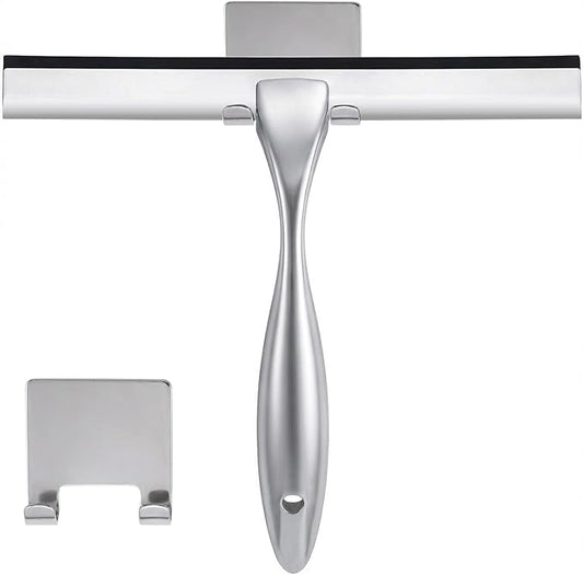 NETANY Shower Squeegee, 14-Inch Silver Squeegee, All-Purpose Stainless Steel Squeegee for Bathroom, Shower Doors, Mirrors, Tiles and Car Windows - 100% Streak Free