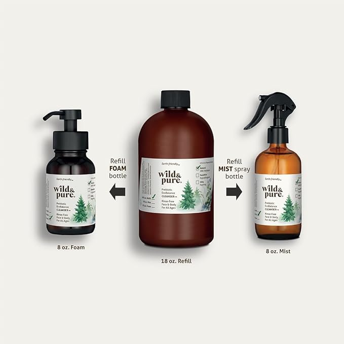 Wild & Pure Sensitive Skin Spray Body Wash (4oz) | Cleanser, Deodorizer, Moisturizer for Face, Hands, Body & Below the Belt | pH-Balanced, Microbiome-Friendly | EcoBalance Refillable Skincare