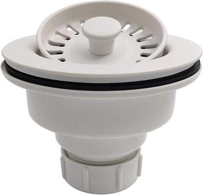 White Polymer Drain Kitchen Sink Drain Assembly with Removable Basket Strainer and Rubber Stopper for 3.5-Inch Drain Openings, Matching Color of Quartz, Granite Sinks