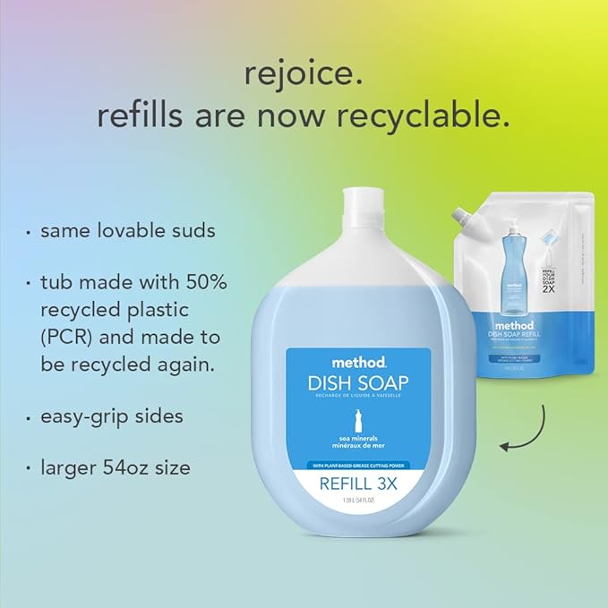 Method Dish Soap, Refill, Lime + Sea Salt, Recylable Bottle, Biodegradable Formula, Tough on Grease, 54 Fl Oz (Pack of 2)