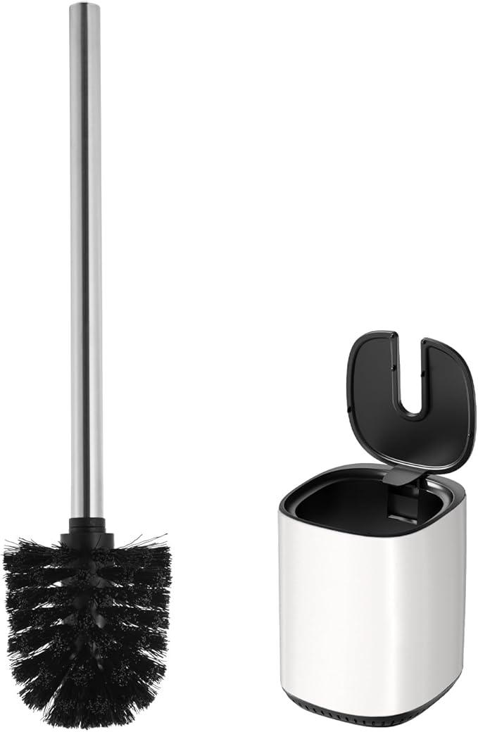 Toilet Brush and Holder Set Durable Toilet Scrubber Sleek Toilet Bowl Brush Stainless Steel Bathroom Toilet Brush Set with Lid Toilet Cleaning Brush (1, White)
