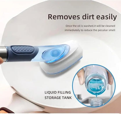 Multifunctional Kitchen Dish Washing Brush Set with Automatic Liquid Filling, Long Handle Scrub Brush with Stand, Blue